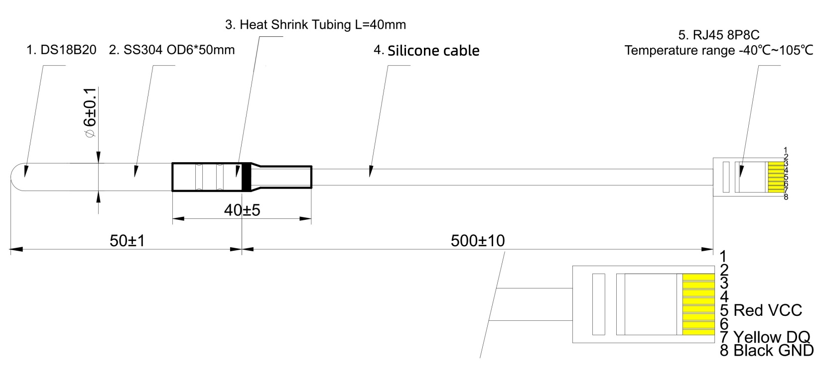 Cảm biến nhiệt độ kỹ thuật số DS18B20 — Giao tiếp 1-Wire, Chống nước, Đầu nối RJ45
