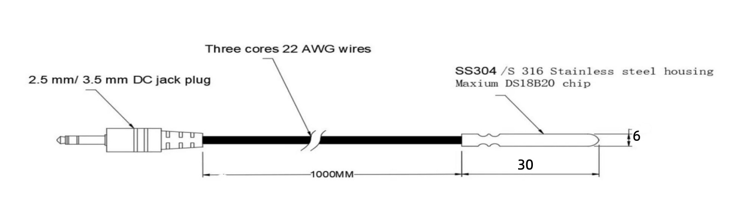 DS18B20 Đầu dò nhiệt độ kỹ thuật số OD6×30mm với giắc cắm 3.5mm