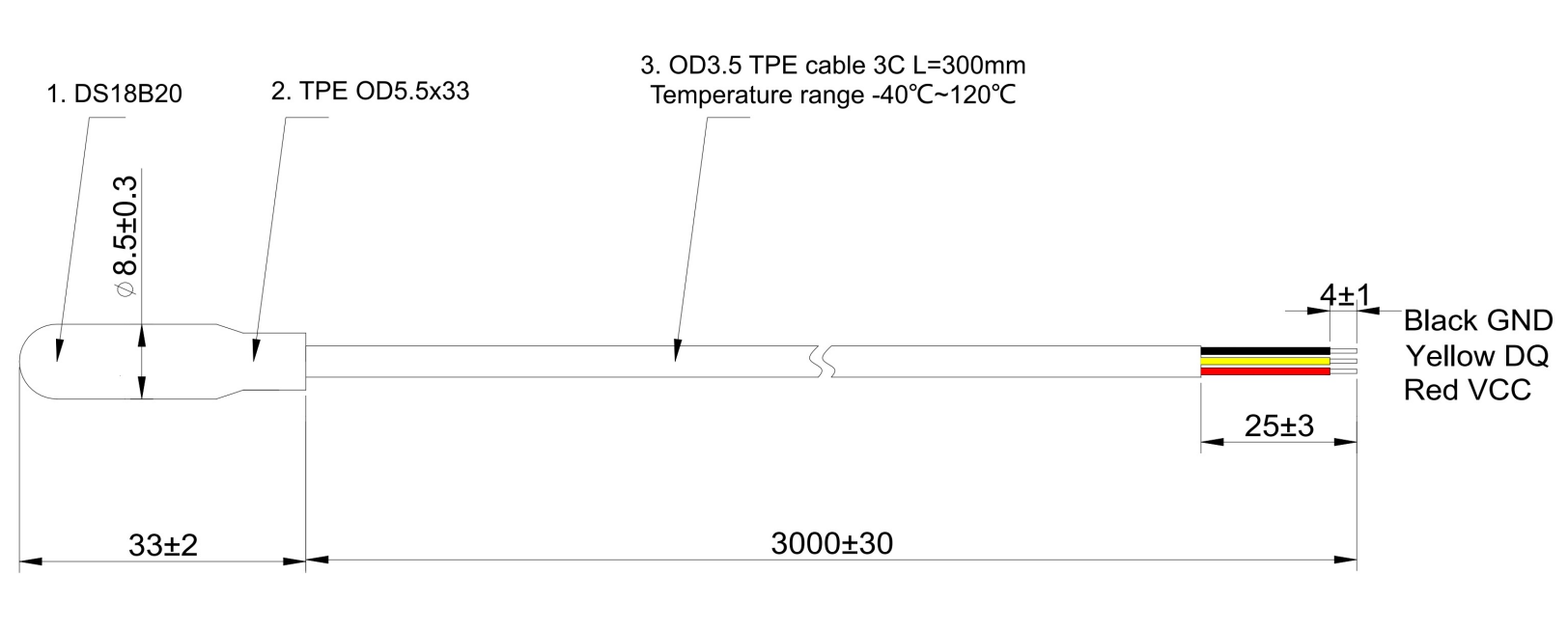 Cảm biến nhiệt độ kỹ thuật số DS18B20 với đầu dò đúc khuôn và cáp TPE