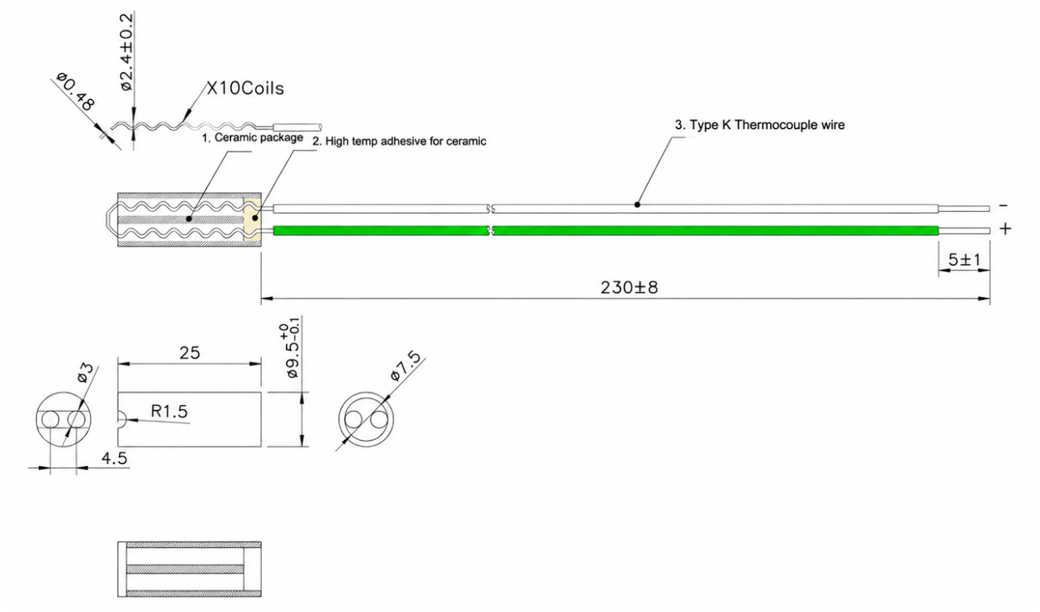 Đầu dò cặp nhiệt điện loại K bằng gốm 300–1200°C