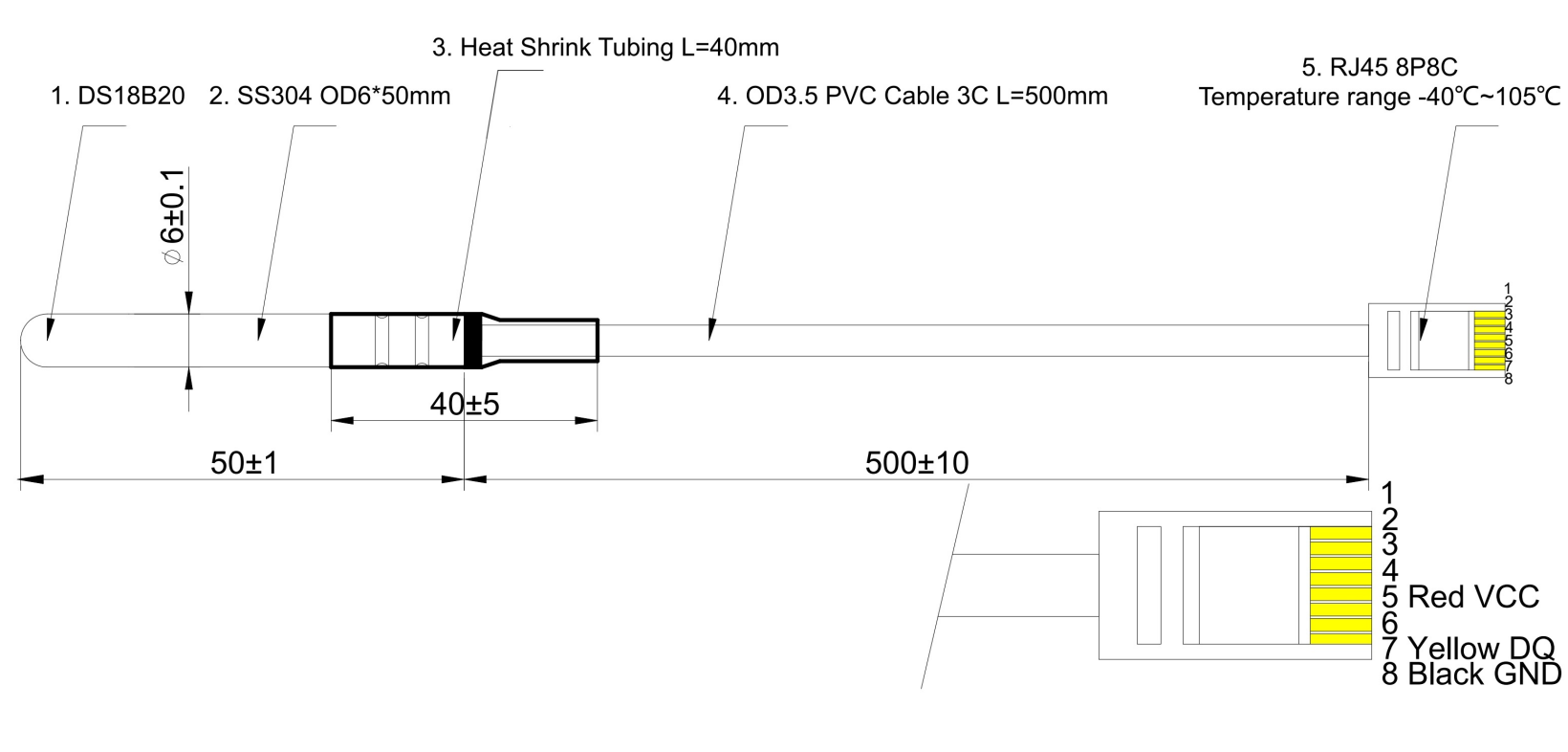 Cảm biến nhiệt độ kỹ thuật số DS18B20 — Giao tiếp 1-Wire, Chống nước, Đầu nối RJ45