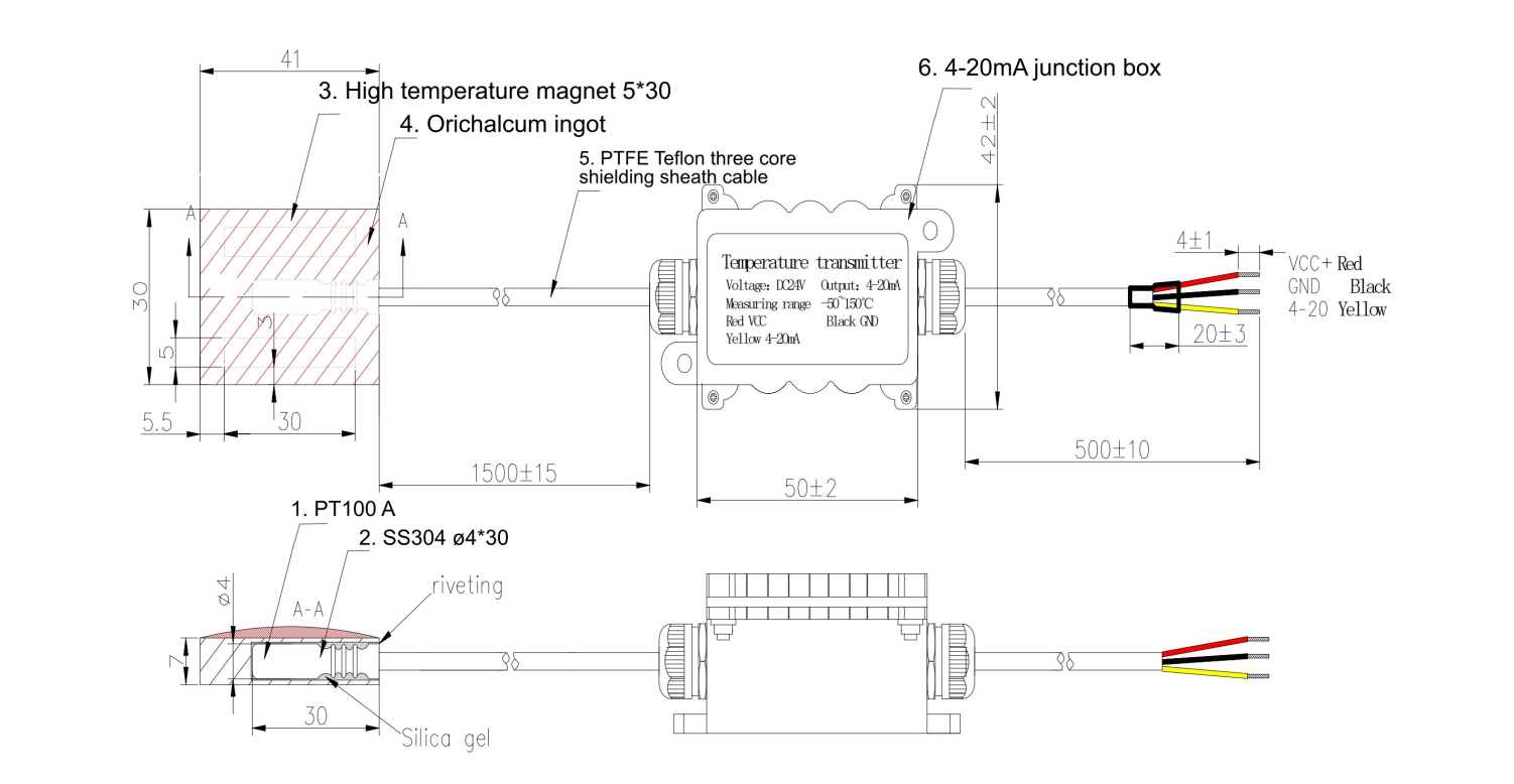 Cảm biến nhiệt độ RTD PT100 — Bộ chuyển đổi tín hiệu 4–20mA và đế từ tính